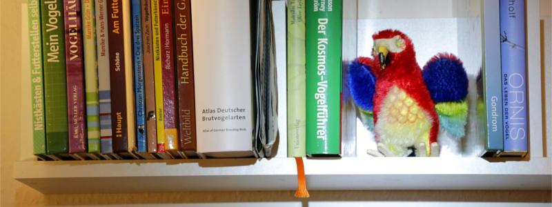 Bücher über Vögel und Vogelhäuser in einem Regal