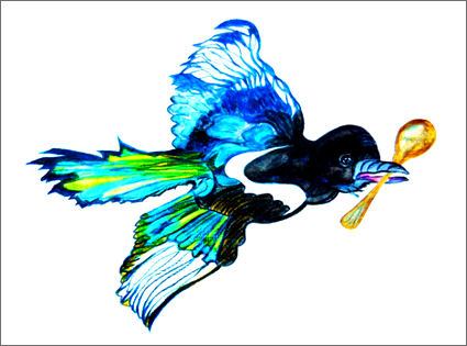 Eine fliegende Elster mit Löffel im Schnabel, gemalt in Aquarell