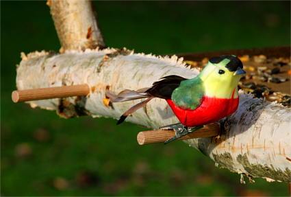 Ein Kunstvogel sitzt auf einer Sitzstange an einem Vogelhaus.